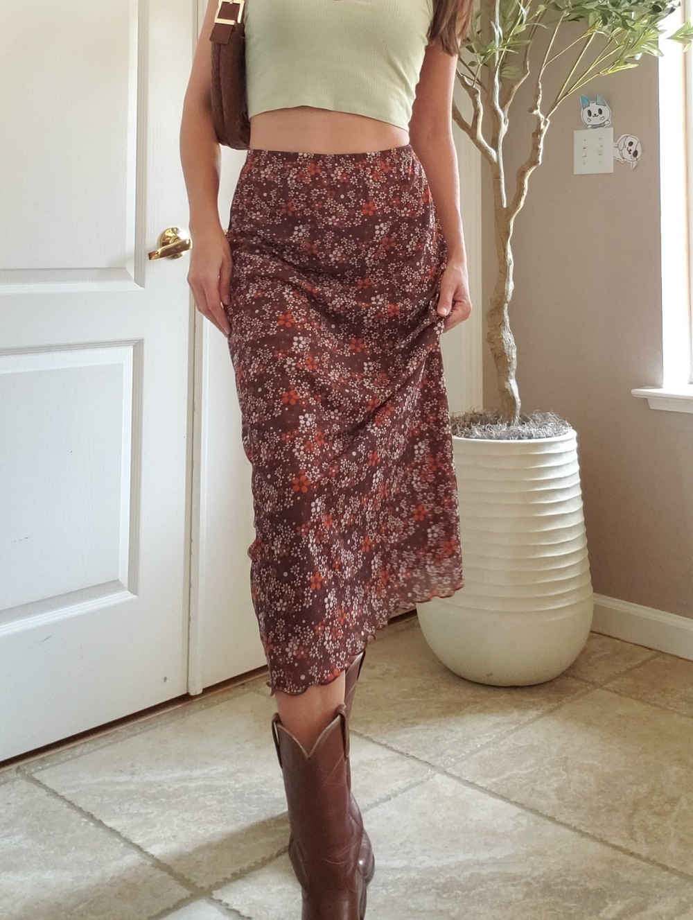 Brown + Orange Boho Floral Lettuce Trim Midi Skirt